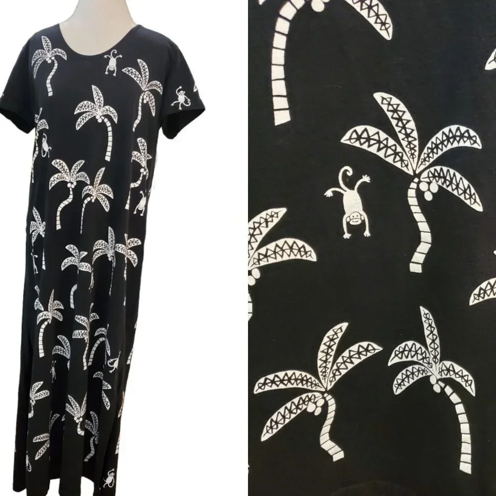 Vintage‎ 90s Black Monkey Coconut Tree Maxi Dress Large Novelty Print Tropical